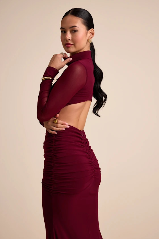 Madahlia Wine Red Mesh Mock Neck Cutout Maxi Dress | Lulus