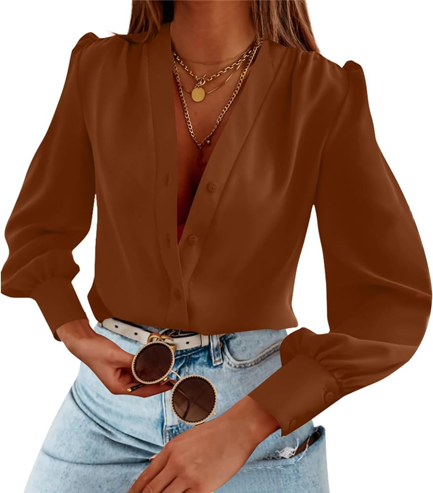 Women's Business Casual Tops Summer Long Sleeve Button Down Shirts V Neck Chiffon Blouses | Amazon (US)