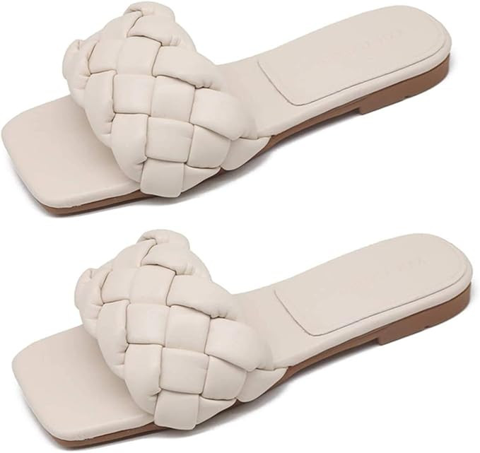 Women’s Summer Square Toe Woven Leather Slippers, Flat Non-Slip Puffy Woven Sandals,Beach Shoes... | Amazon (US)