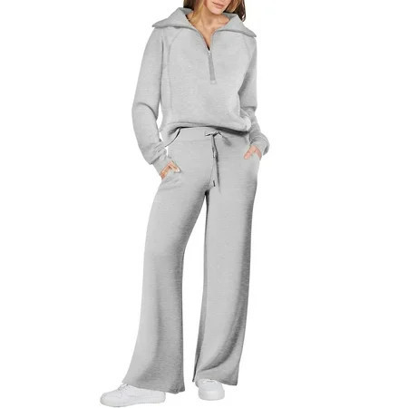 Sweat Suits for Womens 2 Piece Half Zip Pullover Wide Leg Sweatpants Set Airport Outfits Loungewear Matching Sets Gray S | Walmart (US)