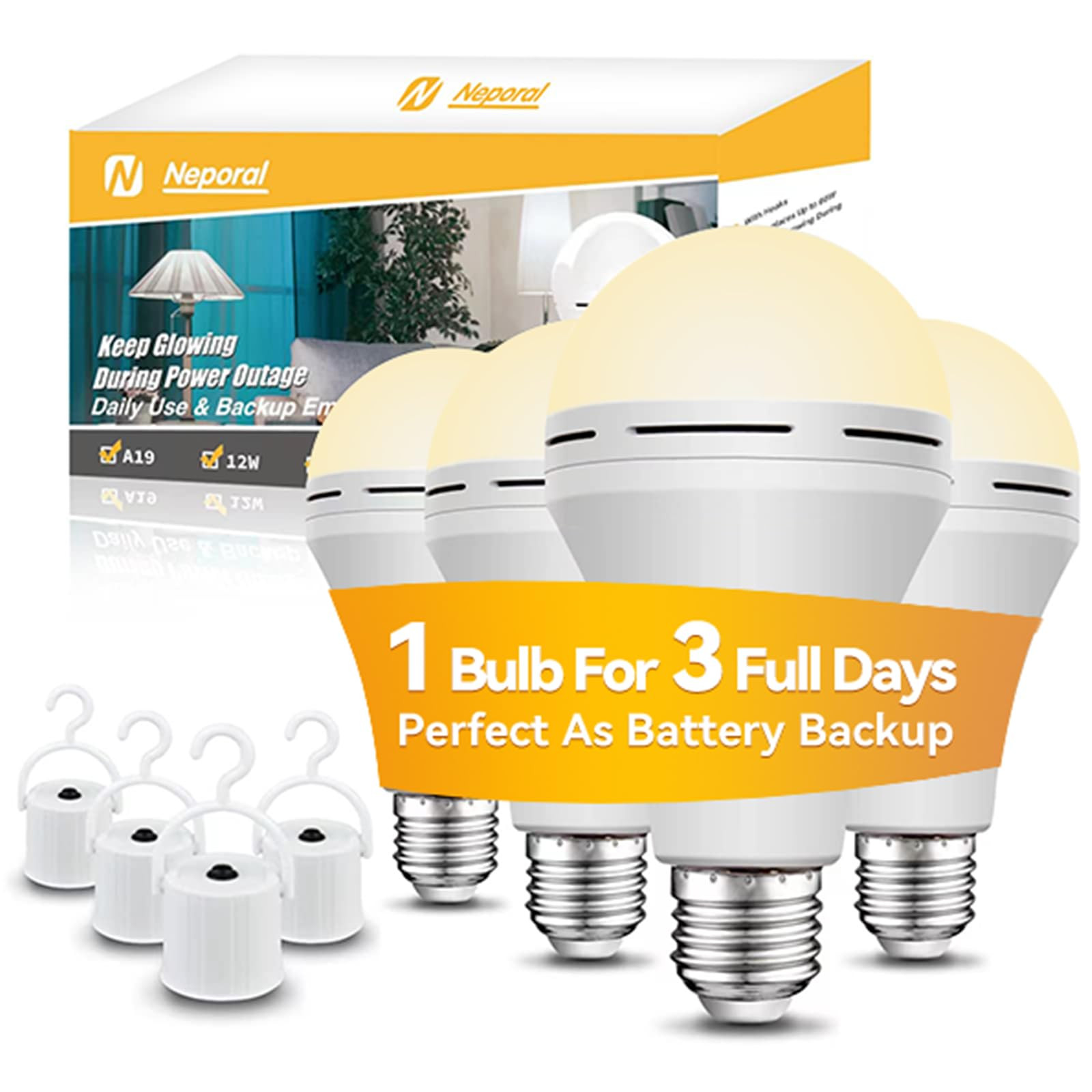 Neporal Emergency-Rechargeable-Light-Bulb, Stay Lights Up When Power Failure, 15W 80W Equivalent ... | Amazon (US)