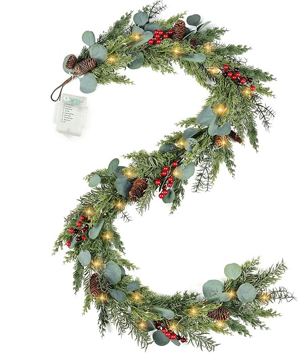6ft Christmas Garland with Lights Artificial Cedar Cypress Garland with Pine Cones Garland for Ho... | Amazon (US)