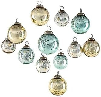 Serene Spaces Living Set of 12 Vintage Style Gold, Blue & Silver Glass Ball Ornaments for Christm... | Amazon (US)