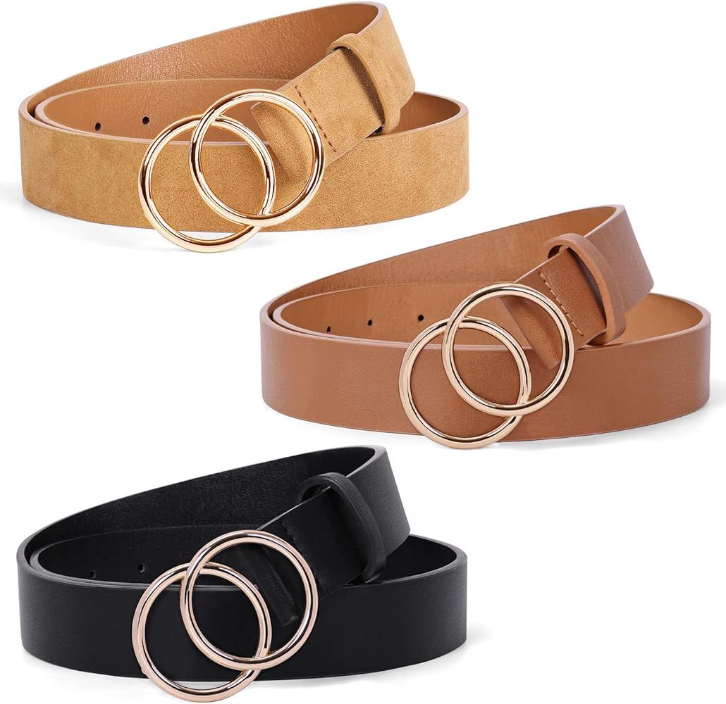 3 Pack Double Ring Belt for Women, Faux Leather Jeans Belts with Golden Circle Buckle | Amazon (US)