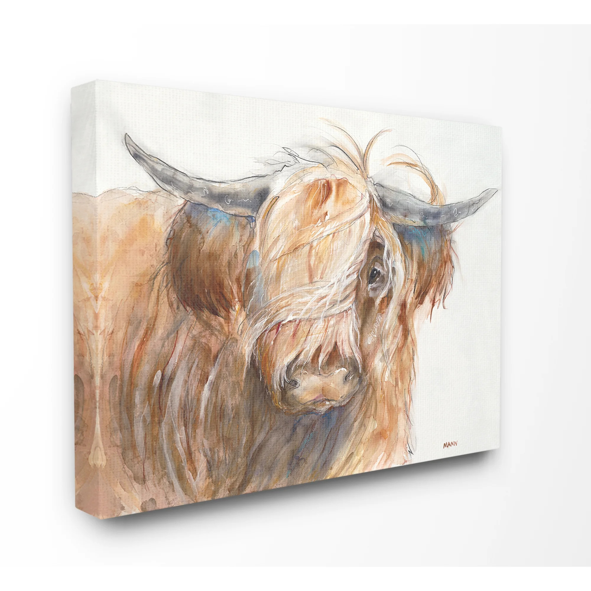 The Stupell Home Decor Collection Brown Horned Bull with Wind Swept Long Hair Painting Stretched ... | Walmart (US)
