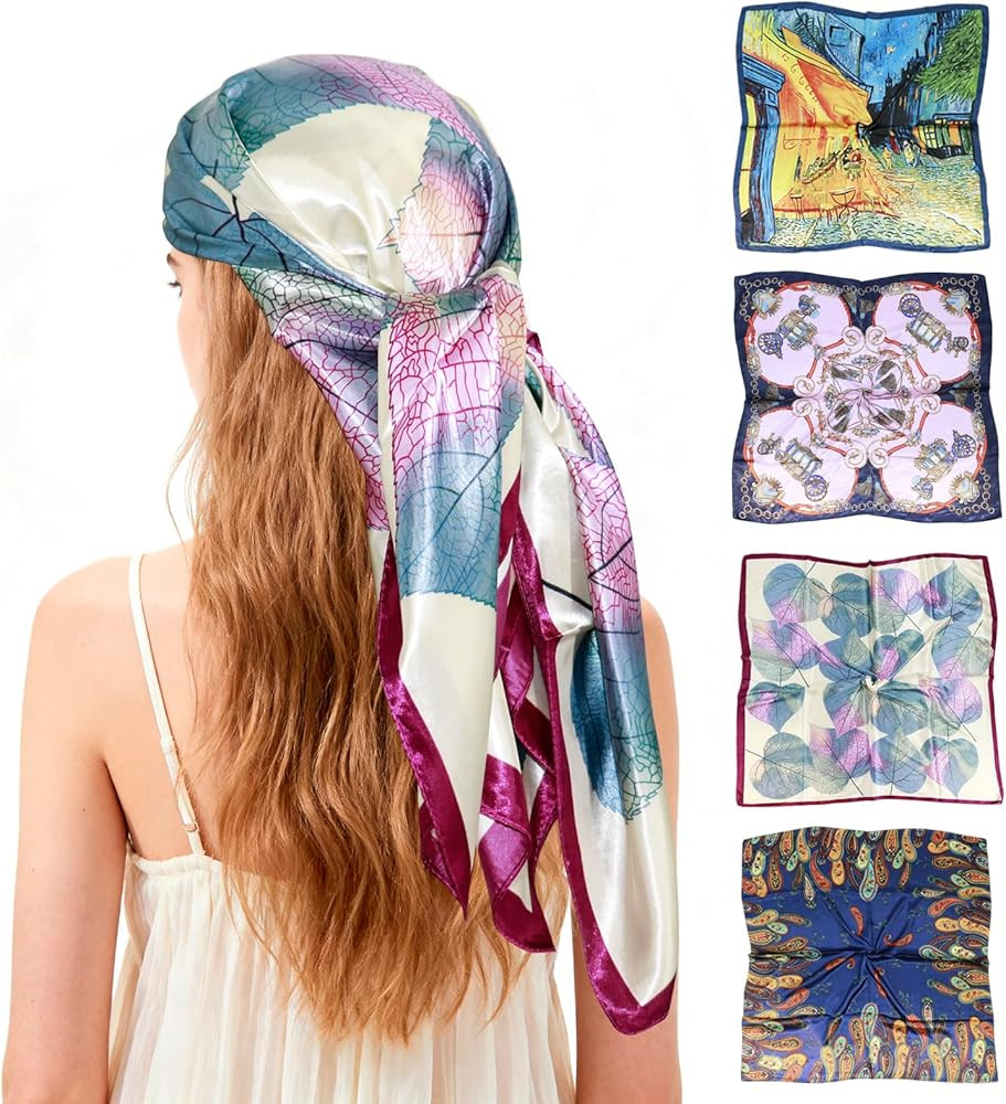 Ciormis 35" Silk Head Scarf for Women, 4 Pcs Satin Hair Scarf Square Silk Bandana Top Neck Scarve... | Amazon (US)
