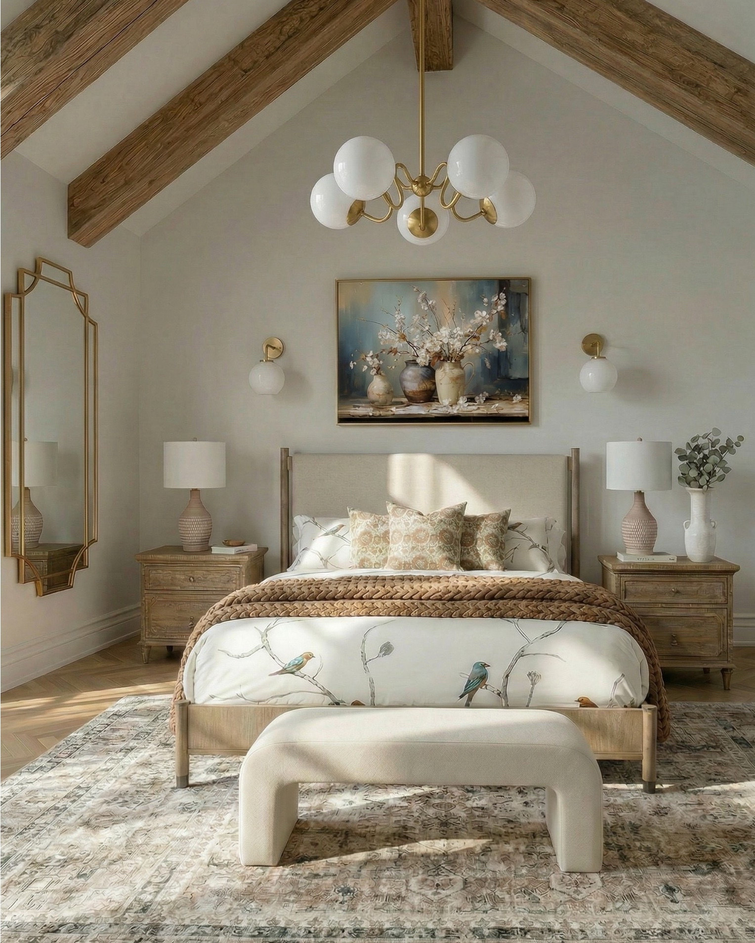 Shop the look:
* Upholstered bed with wood frame
* Nightstands 
* 6-drawer wood dresser 
* Wood upholstered Accent chair 
* Upholstered bench
* Mid-century style chandelier (brass + globe bulbs)
* Wall sconces
* Table lamps
* Artwork 
* Decorative mirror (arched, gold frame)
* Area rug vintage-style, muted tones
* Brown Throw blanket (chunky knit)
* Floral Decorative pillows
* Candlesticks
* Decorative trays
* Small bowls
* Books 
* Sculptural decor objects
* Vases with greenery/branches

#LTKhome #LTKsale #LTKstyletip