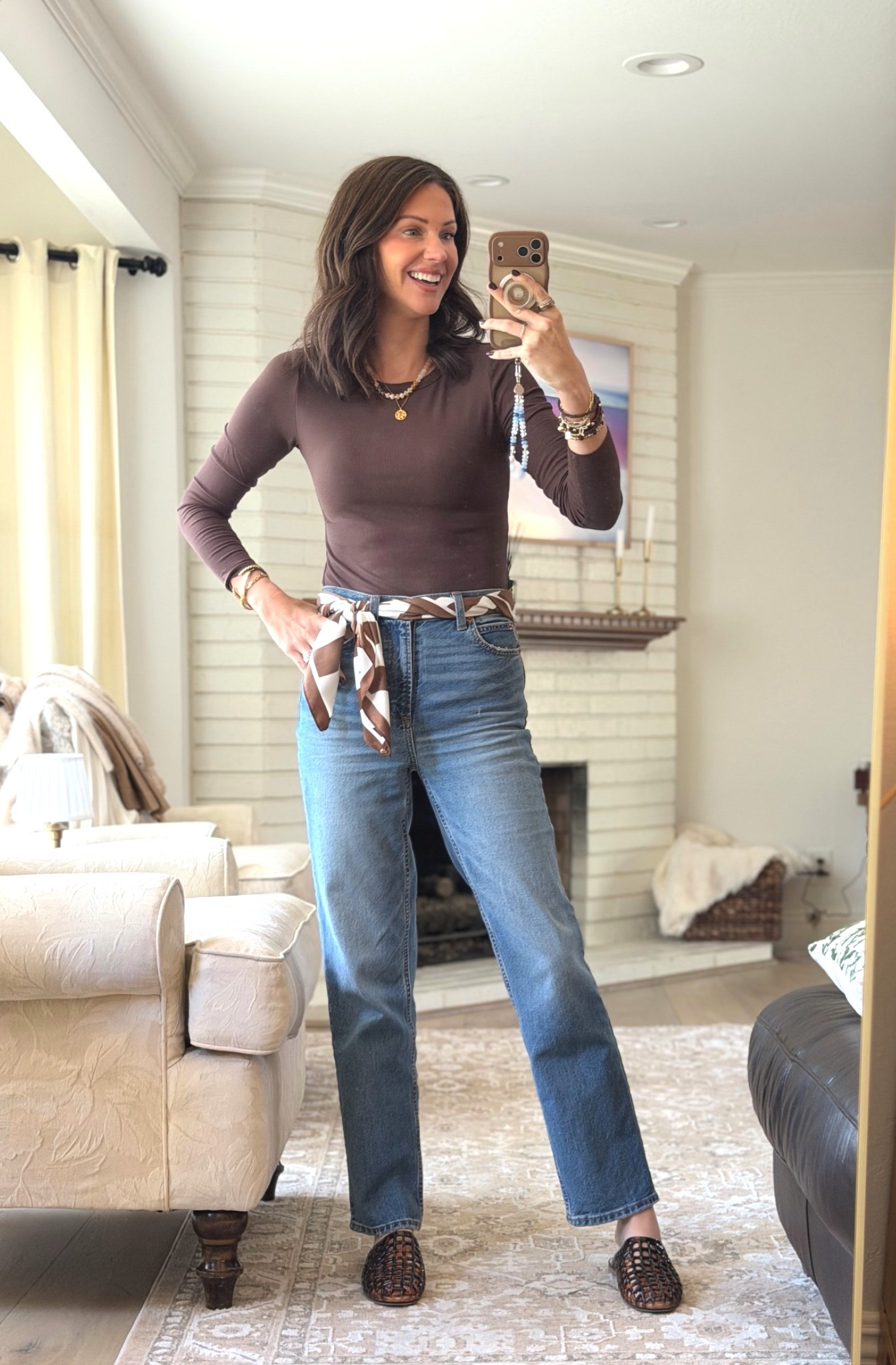 Small in the top - size up if you don’t want it super form fitting 

Scarf comes in brown/ivory (I’m wearing as a belt) and black and white 

Sized down in the jeans 

Tts in shoes. I also have the clear. These are the tortoiseshell

#LTKootd #LTKmomlife #LTKTall