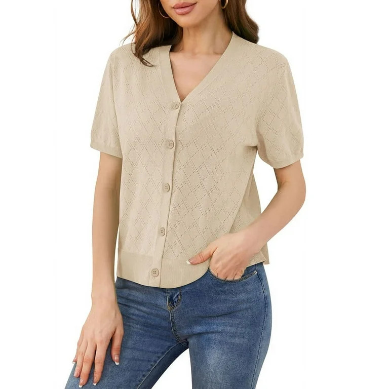 Uvplove Women's V Neck Crochet Knit Cardigan Short Sleeve Open Front Button Down Hollowed Out Sof... | Walmart (US)