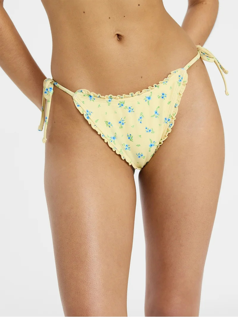 No Boundaries Floral Print Side Tie Bikini Bottoms with Lettuce Edge, Women’s XXS-XXL | Walmart (US)