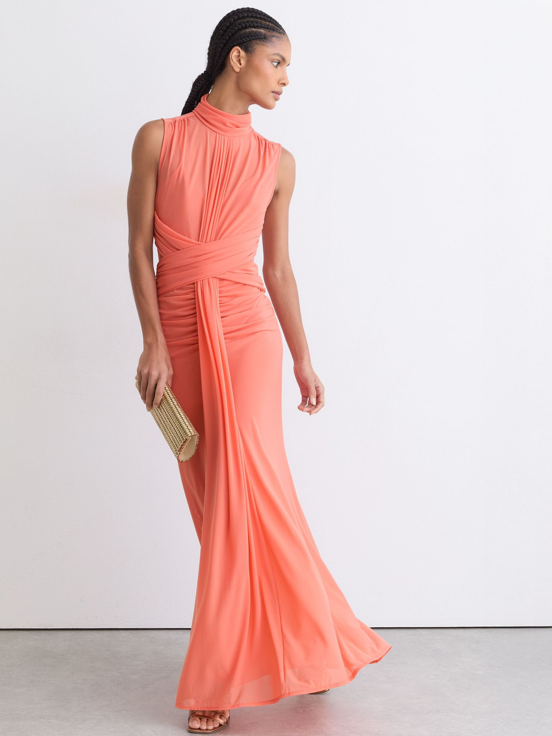 Sheer Ruched Sleeveless Maxi Dress in Orange | Reiss UK