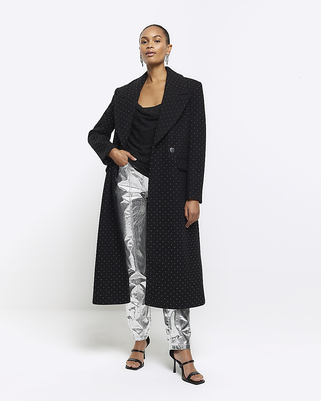 Black Embellished Longline Coat | River Island (UK & IE)
