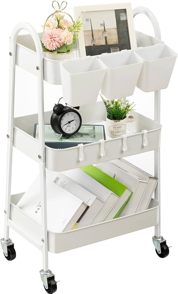 danpinera 3-Tier Rolling Cart, Metal Rolling Storage Cart with Lockable Wheels & Hanging Cups & H... | Amazon (US)