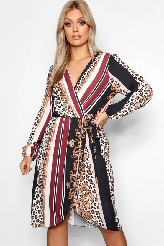 Plus Chain Mixed Print Wrap Midi Dress | Boohoo.com (US & CA)