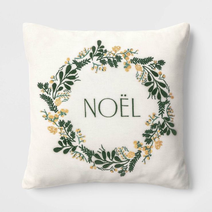 Embroidered 'Noel' Wreath Square Christmas Throw Pillow Green/Natural - Threshold™ | Target