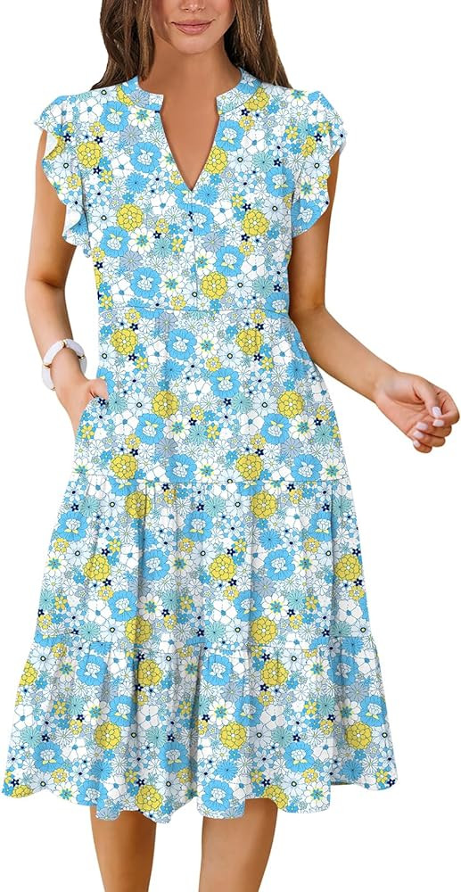 ANRABESS Womens Summer Ruffle Sleeve V Neck Midi Dress 2024 Fashion Casual Fit Flowy Tiered Boho ... | Amazon (US)