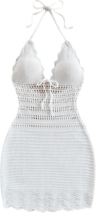 GORGLITTER Women's Bow Crochet Halter Bodycon Mini Dress Sleeveless V Neck Open Back Short Dresse... | Amazon (US)