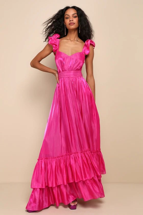 Pristine Glow Magenta Pink Ruffled Tie-Back Maxi Dress | Lulus