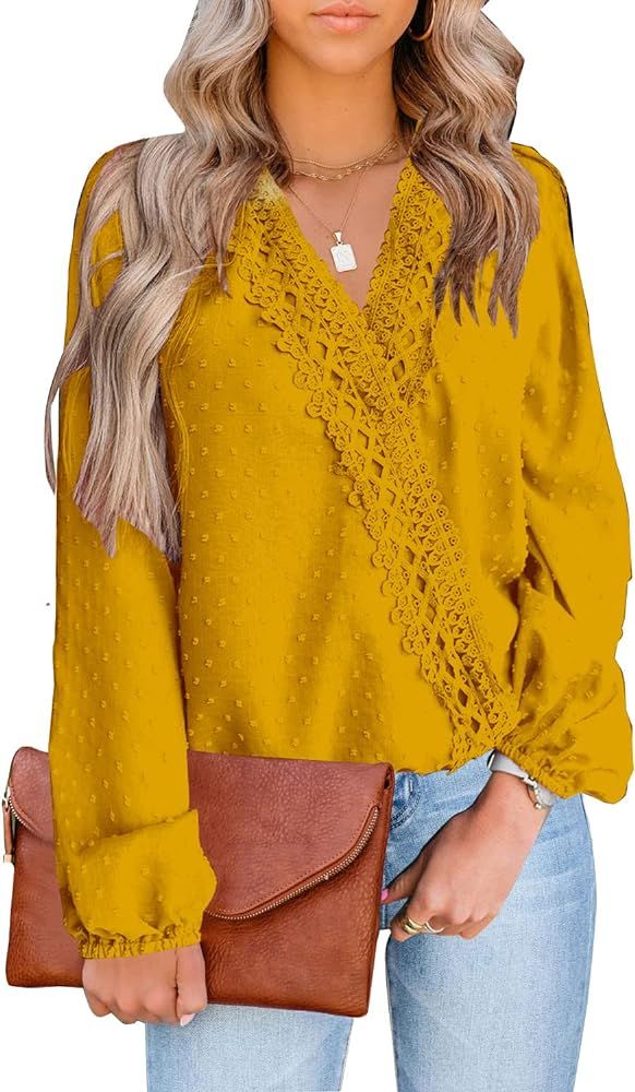 LOLONG Womens Short/Long Sleeve Tops V Neck Chiffon Blouses Dressy Casual Lace Pom Poms Shirts | Amazon (US)