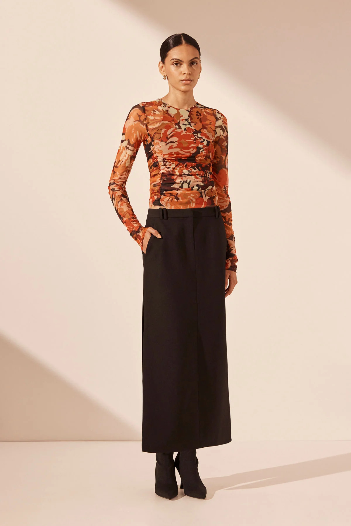 Rubi Long Sleeve Round Neck Ruched Top | Tangerine/ Multi | Tops | Shona Joy | Shona Joy