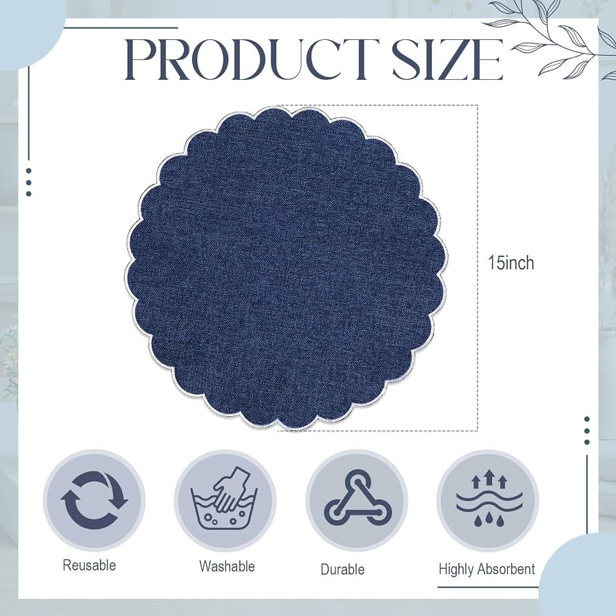 Set of 12 Navy Blue Cotton Placemats 15 Inch Round Scalloped Embroidery Placemats Washable Double... | Amazon (US)