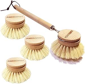 AMERWASH PLUS Classic Dish Washing Brush, Natural Tampico Fiber Scrubber, 10 Inches Long Handle W... | Amazon (US)