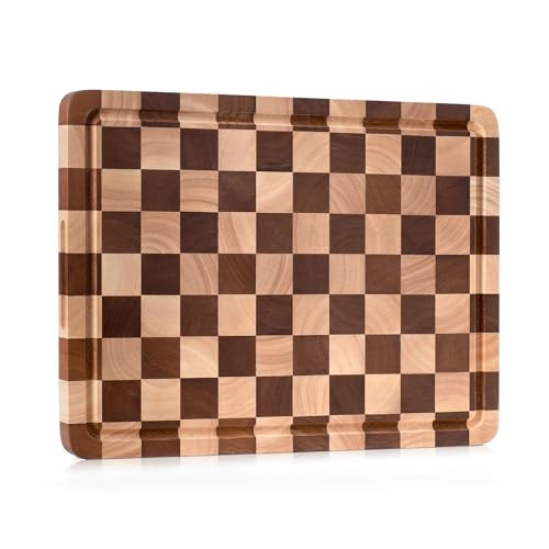 Checkered Cutting Board, Wooden Checkerboard Cutting Board for Kitchen 16 x 12 x 1", Rubber Wood Butcher Block Chopping Board with Juice Grooves & Handles for Meat, Vegetables & Cheese | Amazon (US)