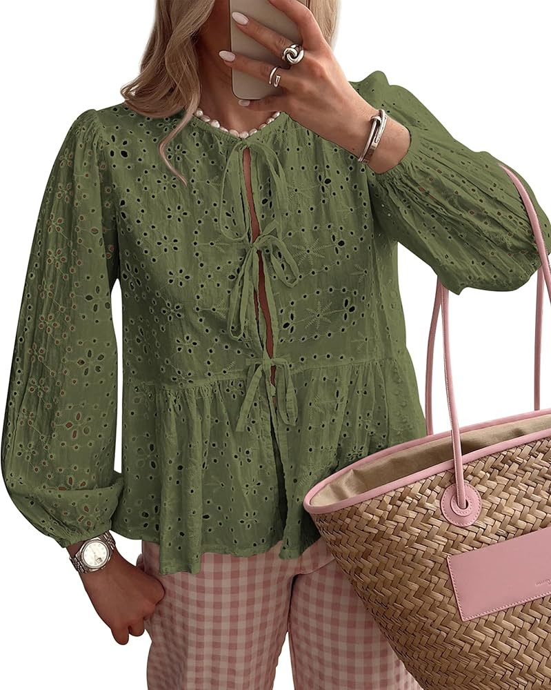KIRUNDO Babydoll Tops for Women Long Sleeve Tie Front Eyelet Going Out Peplum Cute Cotton Shirts ... | Amazon (US)