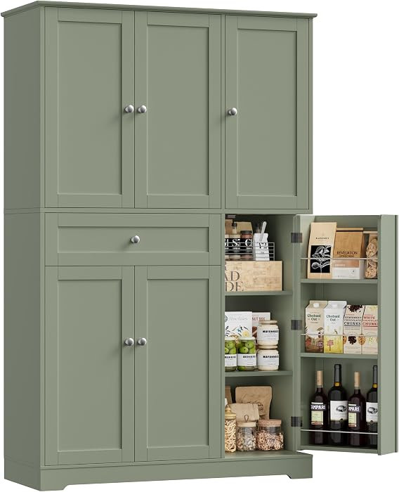 HOSTACK 68" Tall Kitchen Pantry Storage Cabinet with Doors & Shelves, Green | Amazon (US)