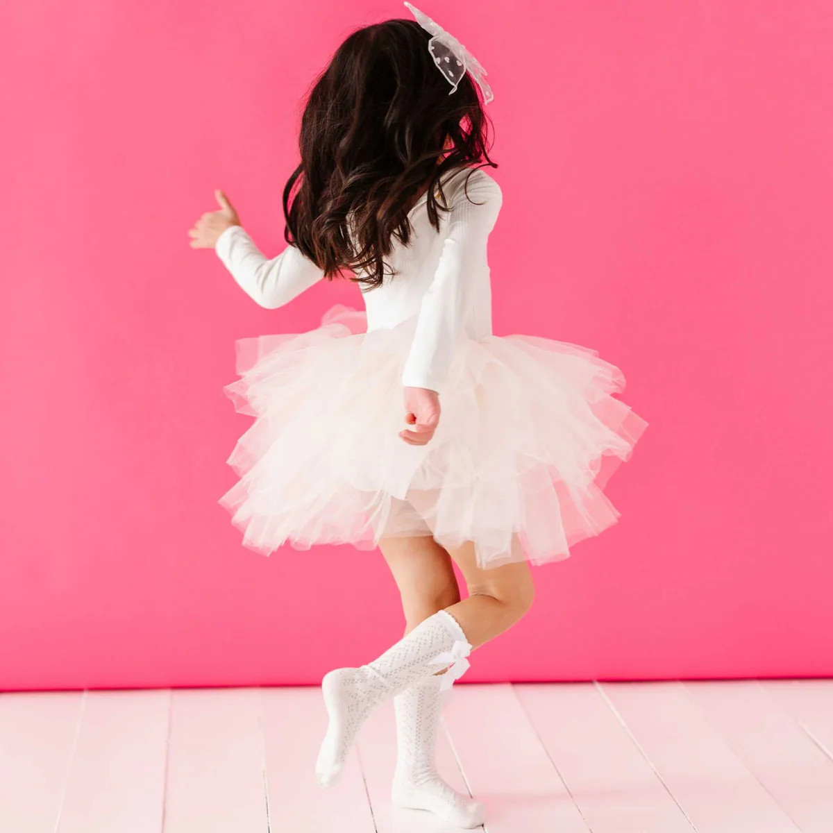 Ivory Ribbed Tulle Tutu Dress - Long Sleeves | Bums & Roses