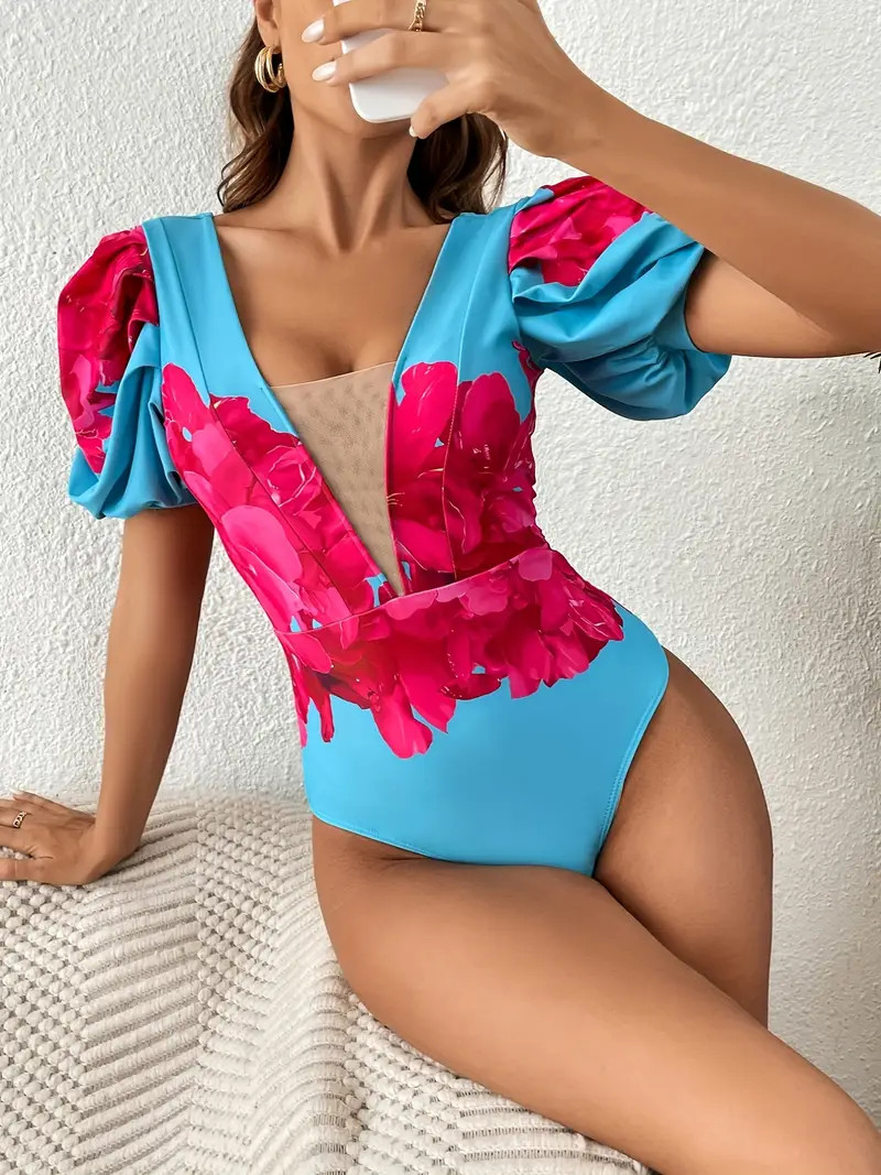 Contrast Mesh V Neck One Piece Swimsuit Short Sleeves Tummy - Temu | Temu Affiliate Program