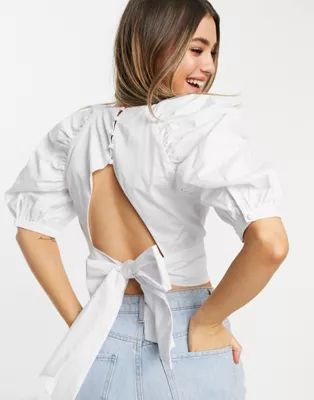 Bardot volume sleeve bow back crop top in white | ASOS (Global)