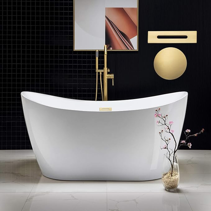 WOODBRIDGE 59" Acrylic Freestanding Bathtub Contemporary Soaking White Tub with Brushed Gold Over... | Amazon (US)