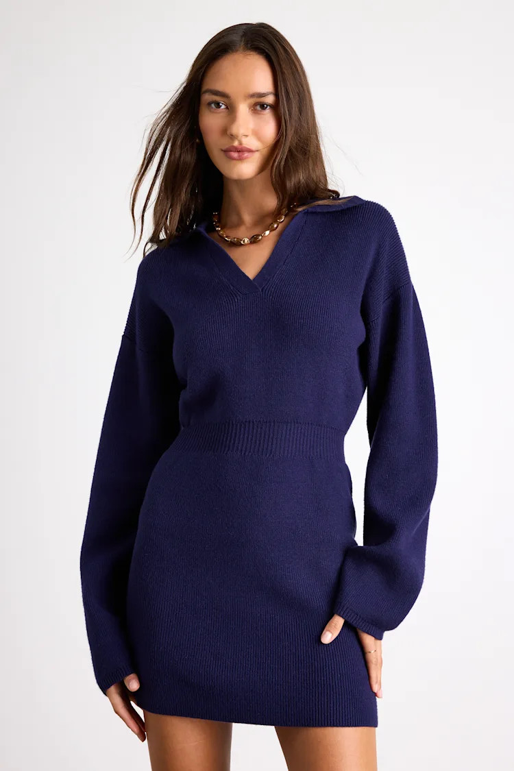 Rosella Navy Bodycon Collared Mini Sweater Dress | Lulus