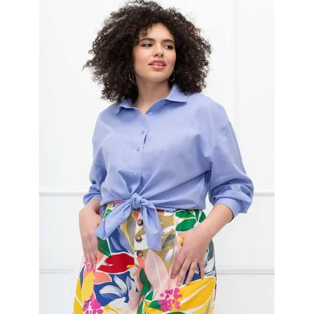 ELOQUII Elements Women's Plus Size Tie-Front Button Down Shirt | Walmart (US)