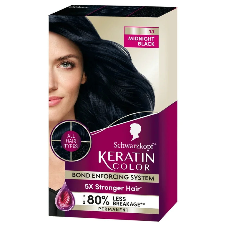 Schwarzkopf Keratin Hair Dye 1.1 Midnight Black, Permanent Hair Color, 1 Use | Walmart (US)