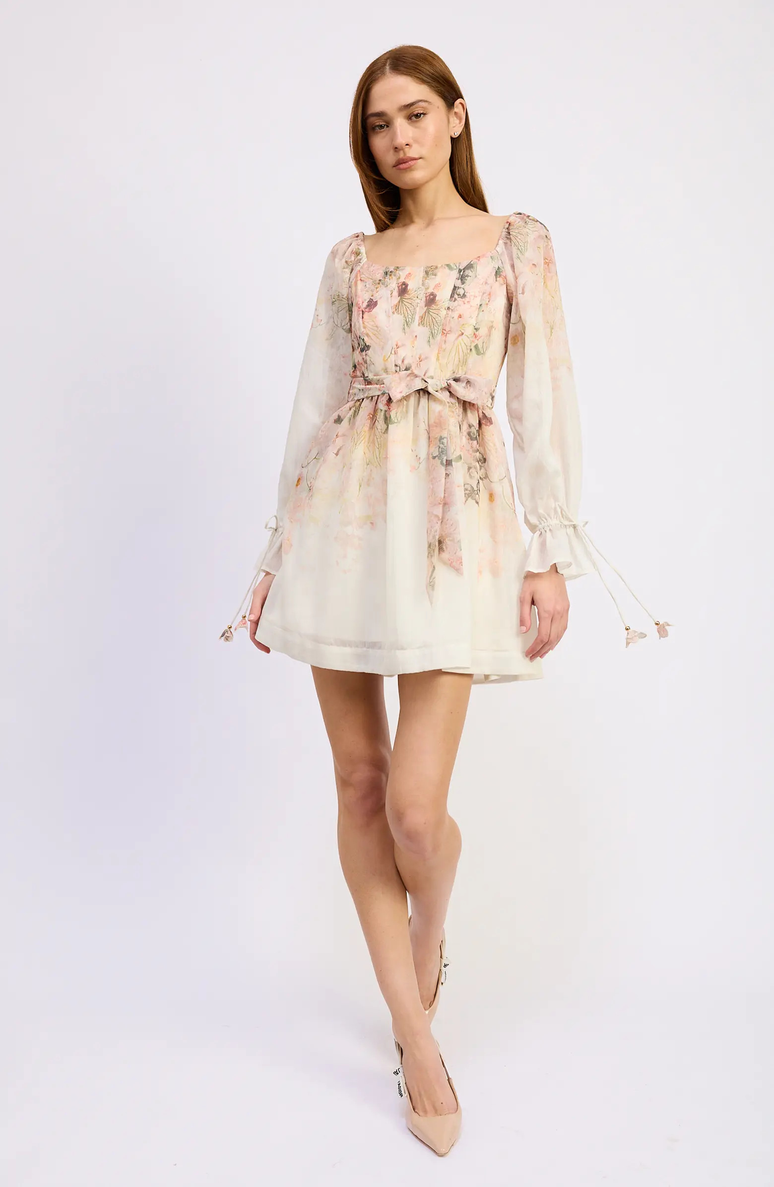 Floral Print Tie Waist Long Sleeve Chiffon Minidress | Nordstrom