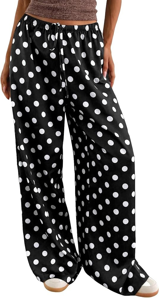 MakeMeChic Women's Summer Satin Silk Pants Casual Flowy Pants Beach Vacation Wide Leg Pants | Amazon (US)