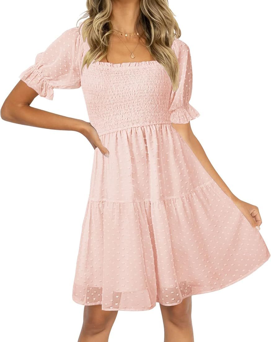 TECREW Womens Square Neck Puff Sleeve Mini Dress Summer Chiffon Swiss Dot Flowy Smocked Dress | Amazon (US)