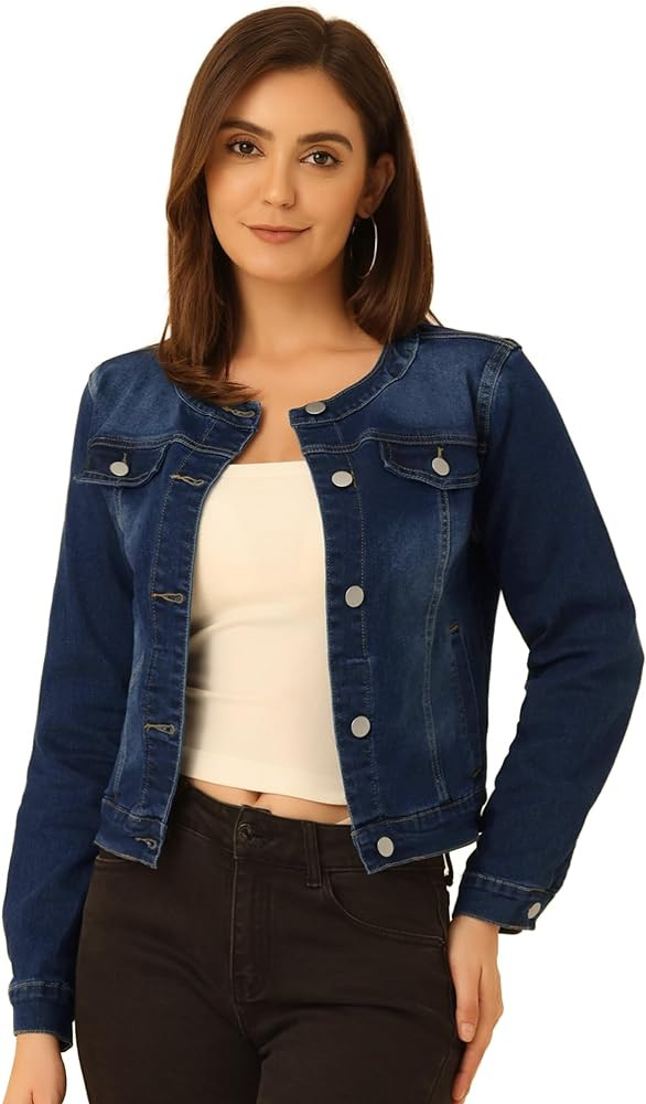 Allegra K Women's Denim Jacket Button Down Collarless Long Sleeve Jean Jackets | Amazon (US)
