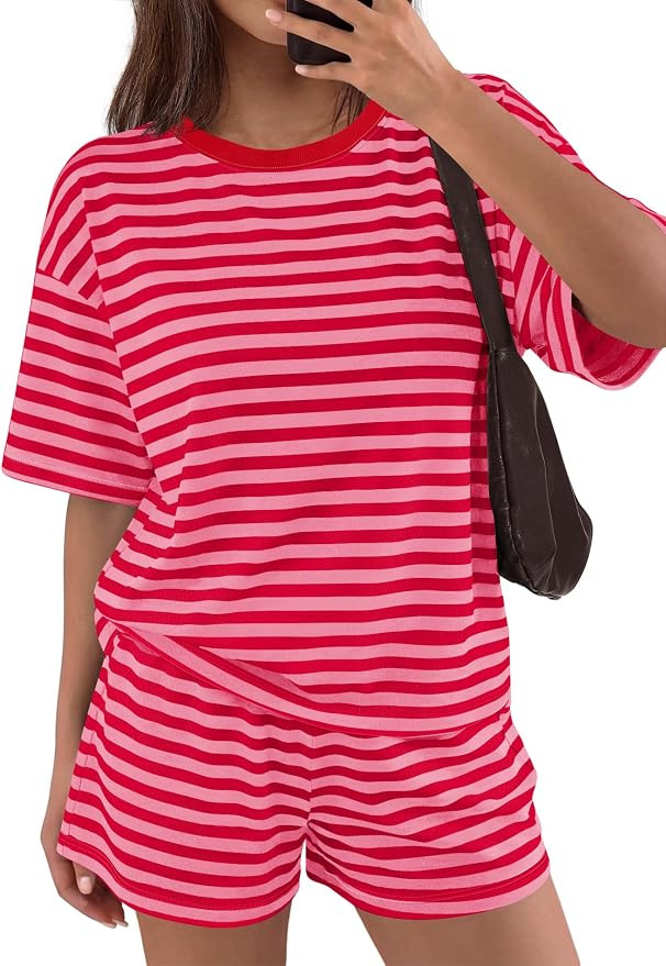 Panadila Womens Striped Short Sets 2 Piece Summer Matching Lounge Sets Short Sleeve T Shirts and ... | Amazon (US)