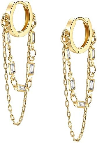Tassel Chain Small Gold Hoop Dangle Earring For Women Huggie Earring Heart Star CZ 14K Gold Plate... | Amazon (US)