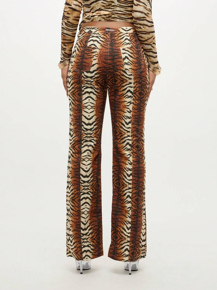 SUMWON WOMEN Animal Print Wide Leg Denim Festival Jeans Party Fashion Statement Trousers Tiger Le... | SHEIN