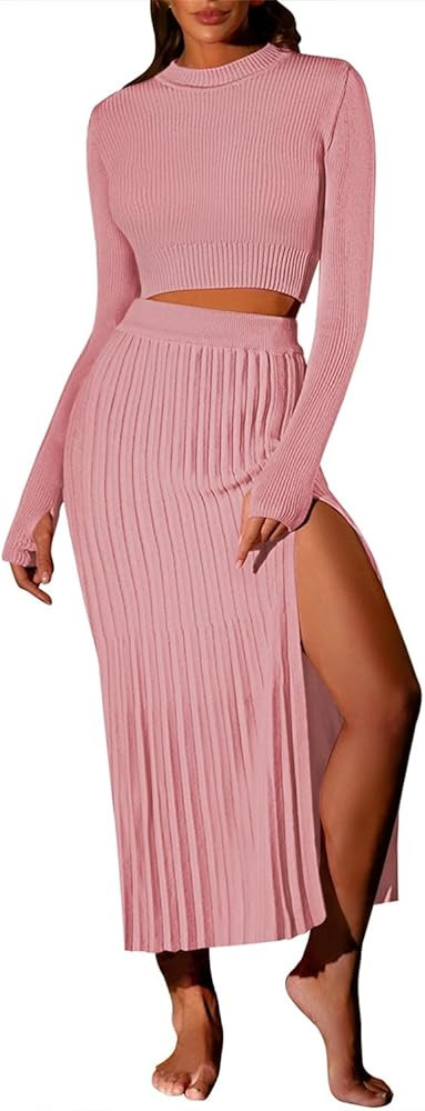 Pink Queen Women's 2 Piece Sweater Outfits Set Long Sleeve Crop Top Ribbed Split Bodycon Midi Lon... | Amazon (US)