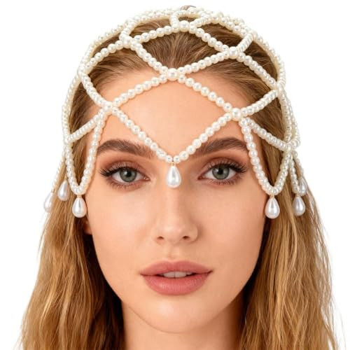 GORGECRAFT 1920s Pearl Mesh Headpiece Cap Head Chain White Roaring 20s Great Gatsby Party Hair Accessories Hair Chain Hat for Bridal Cosplay Women Halloween Art Decoration | Amazon (US)