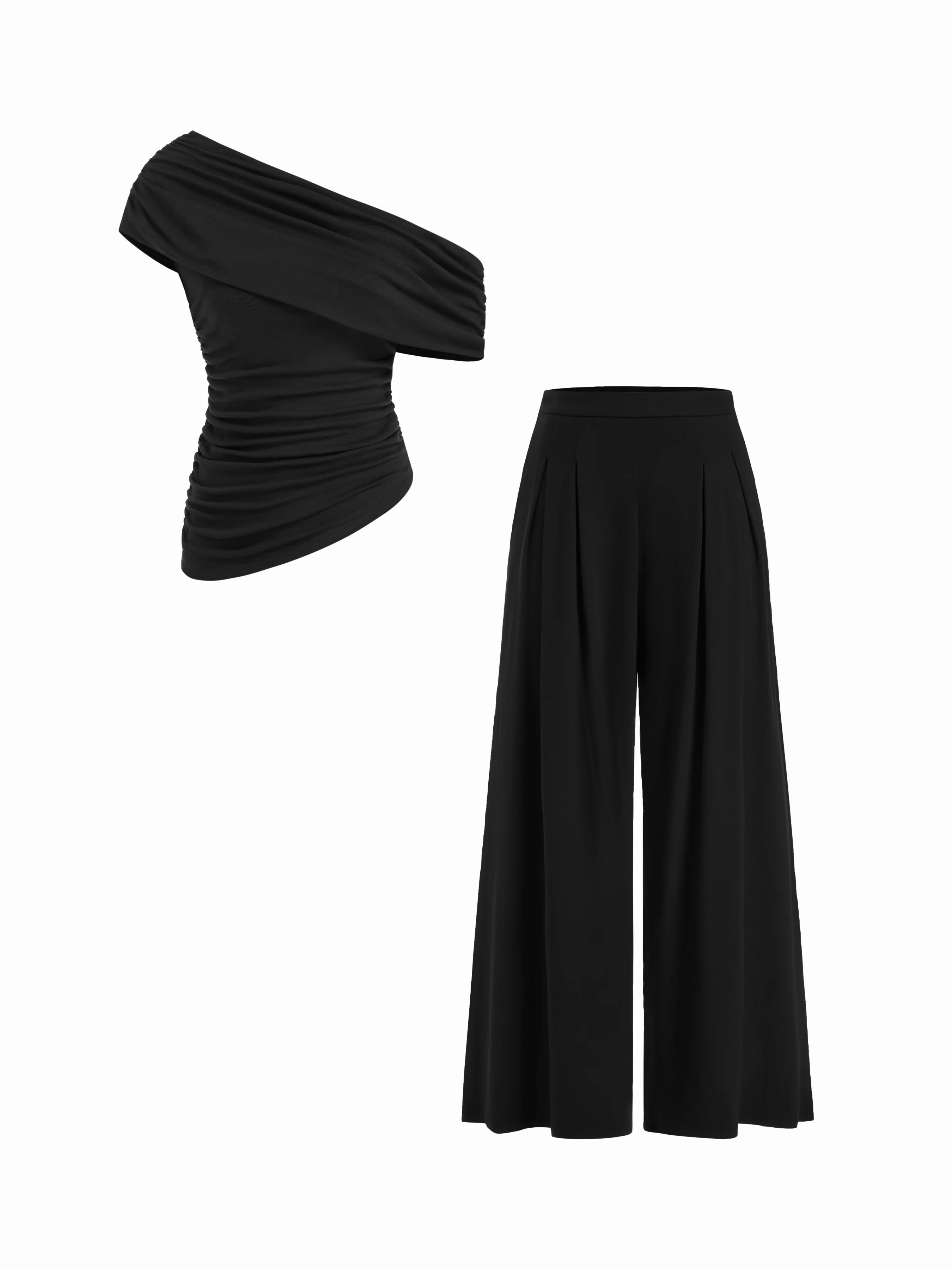 Asymmetrical Neck Ruched Top & Mid Rise Wide Leg Trousers Set | Cider