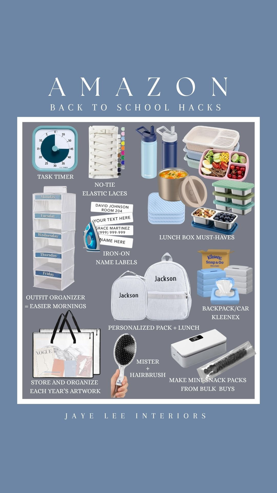 All the Amazon Back-to-School Essentials to make mornings easier, from making lunches to getting dressed to staying organized and keeping on task with a timer! 
Kindergarten boy back to school, school lunch box, mini cold packs, flip top kleenex, personalized backpack, monogram backpack, amazon back to school favorites, weekly outfit organizer, hair-brush sprayer, vacuum seal snack packs, name stamps, name labels, kids' art keeper, no-tie elastic shoelaces #jleeinteriors

#LTKgrwm #LTKmomlife #LTKKids