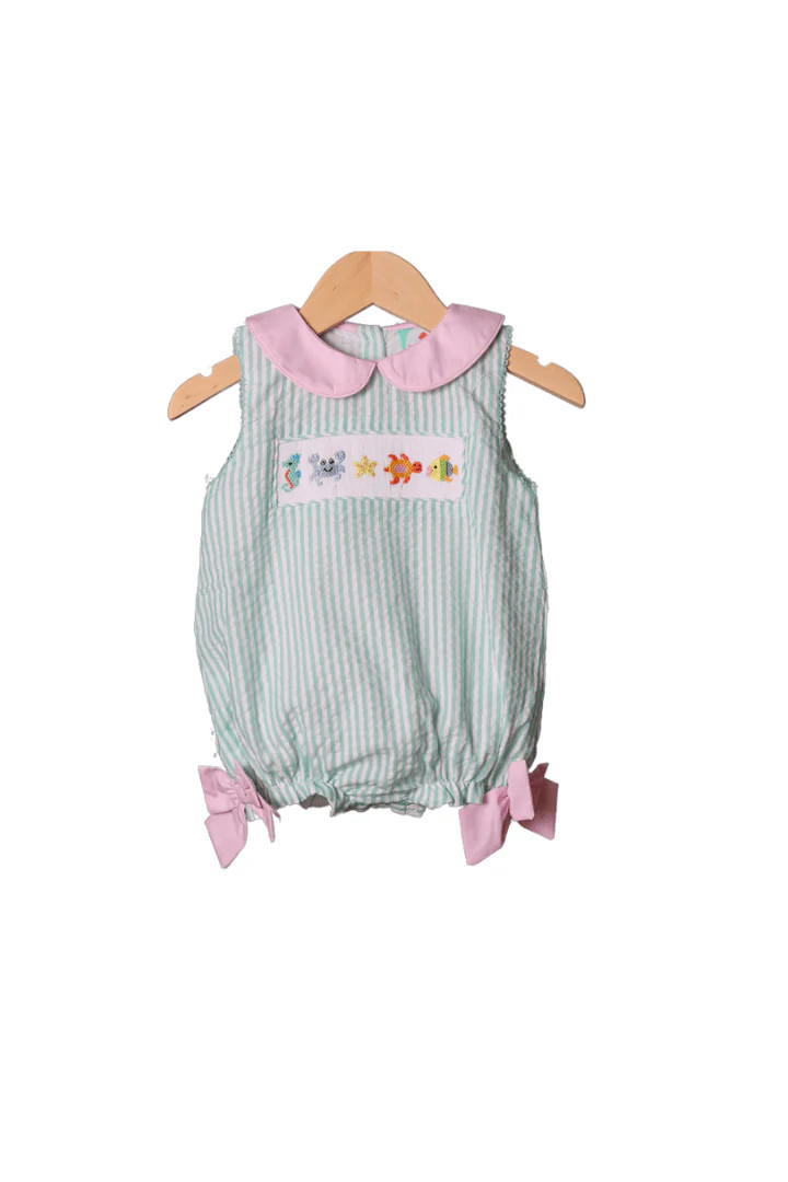 Smocked Sea Creatures Seersucker Bow Bubble | The Smocked Flamingo