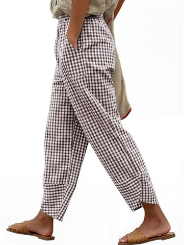 ANRABESS Womens Striped Gingham Pants Summer Lounge Cute PJ Bottom Plaid Pants Casual Wide Leg Beach Trouser with Pockets Brown White Plaid Large | Amazon (US)