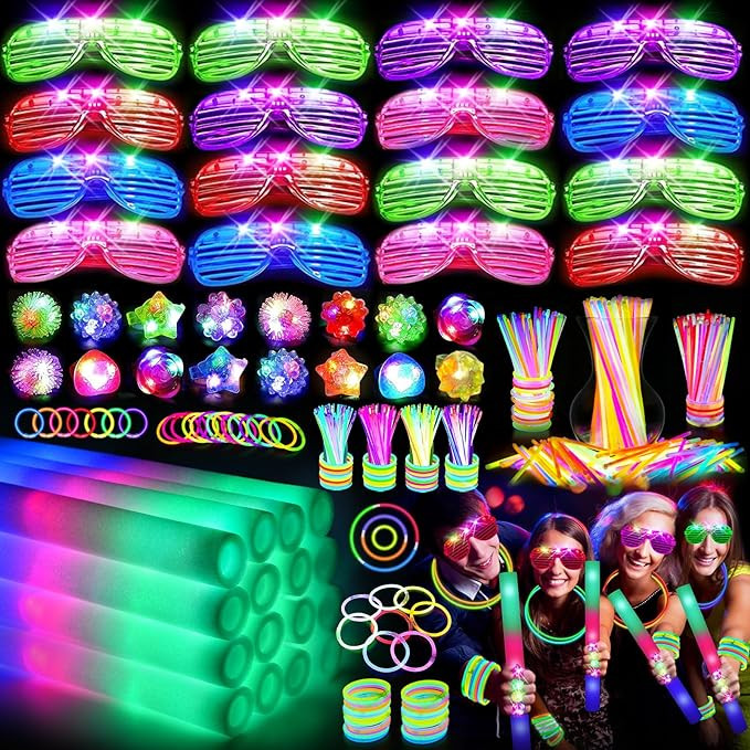 150 PCS Glow in the Dark Party Supplies, 16 Foam Sticks, 16 LED Glasses, 100 Glow Sticks and 18 F... | Amazon (US)
